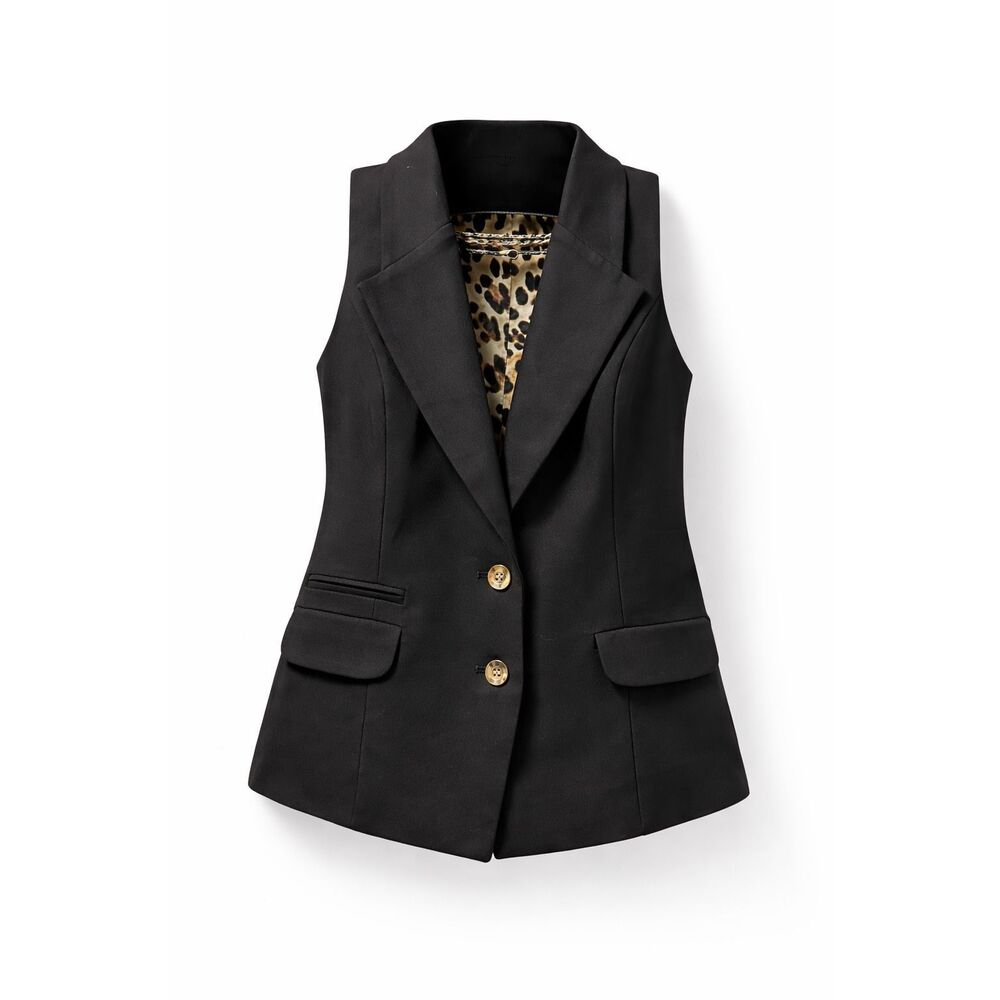 Cache Black Tailored Vest Large Gold Buttons Leopard Lining Y2K Chic
